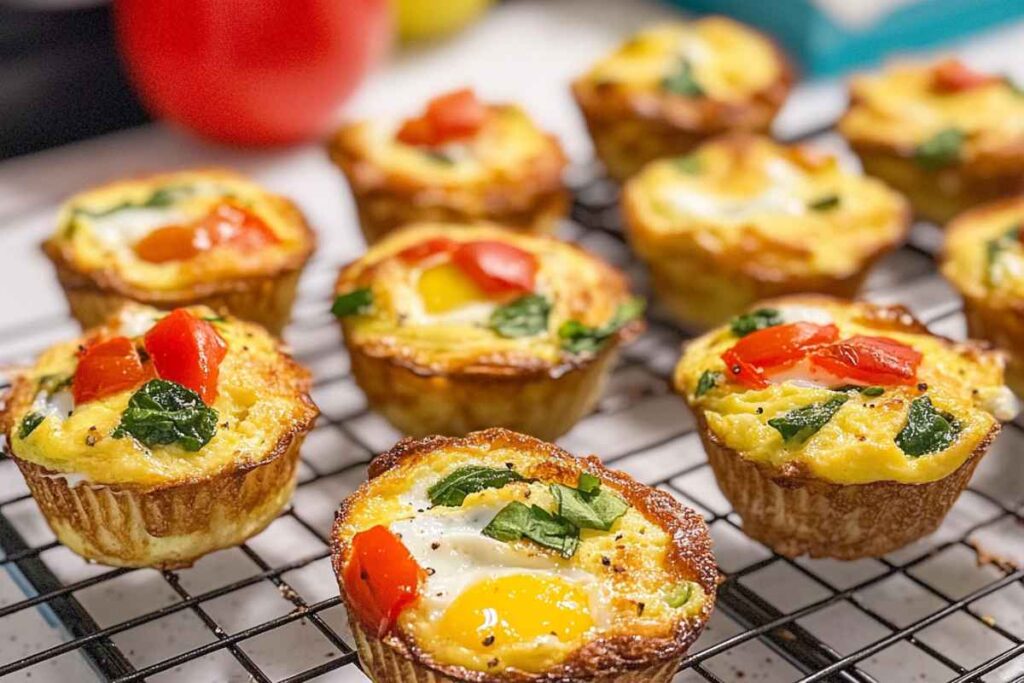 Homemade egg muffins with spinach and red peppers on a cooling rack