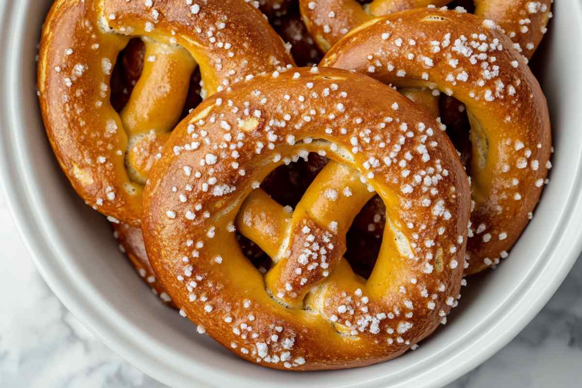 Close-up of freshly baked soft pretzels topped with coarse salt, served in a white bowl