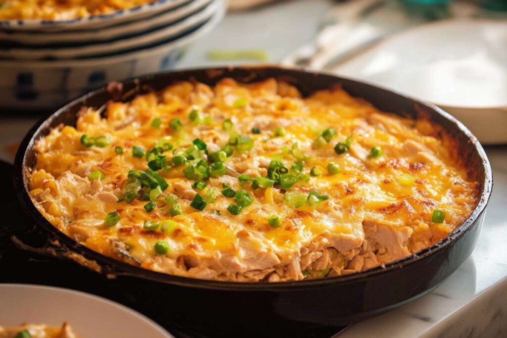 Homemade tuna casserole with a golden, bubbly cheese topping