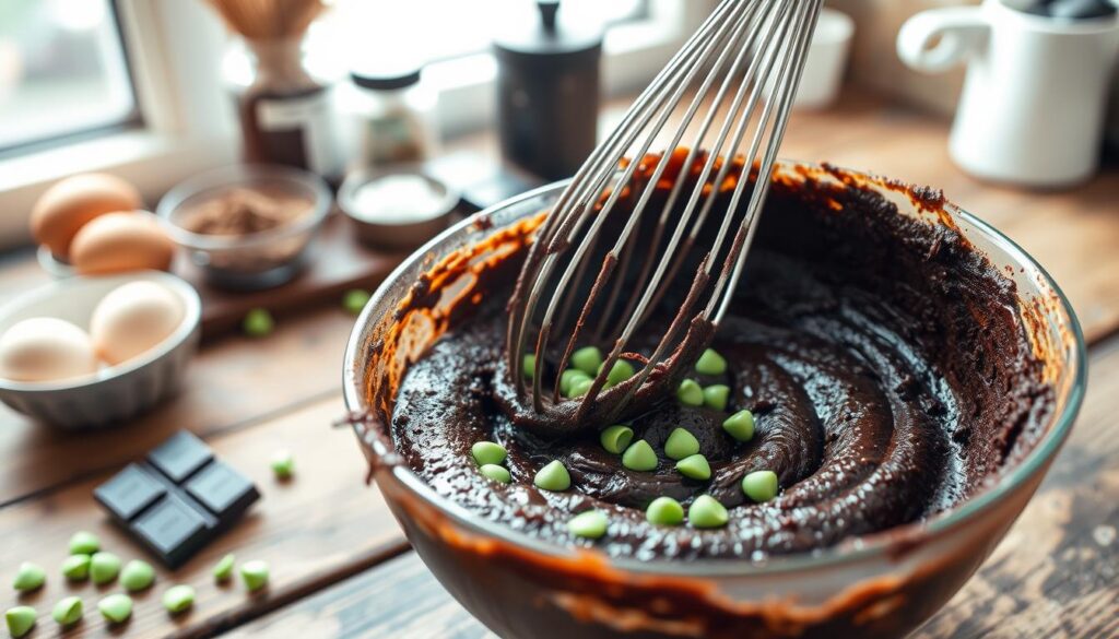 Mixing mint chocolate brownies