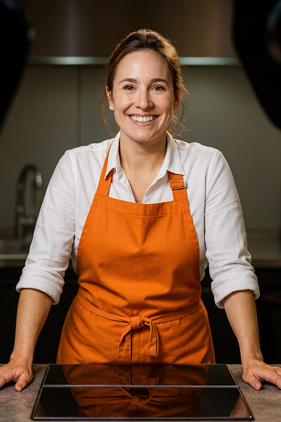 Daria wearing an orange apron in a kitchen